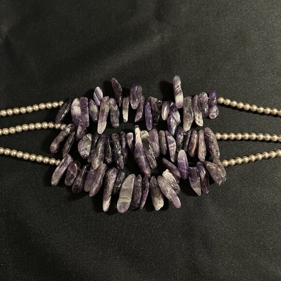 Ali Khan New York 3 Strands Amethyst Spikes Necklace Silver Tone & Purple Sz 16” - Picture 4 of 9
